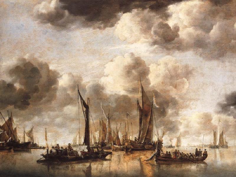 Jan van de Cappelle A Dutch Yacht Firing a Salute as a Barge Pulls Away and Many Small vessels at Anchor china oil painting image